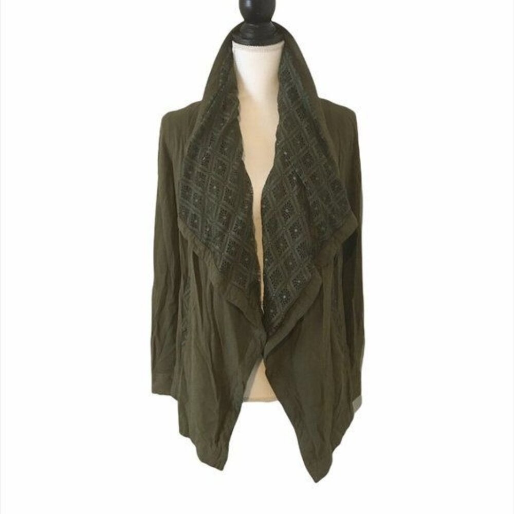Womens Open Cardigan Jacket XS Green Wide Lace Lapel Oversized Bob Timberlake